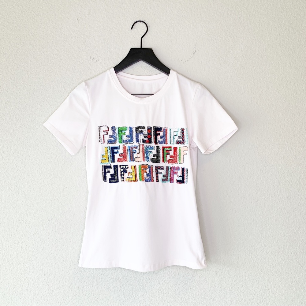 Fendi White Short Sleeve Tee with Multicolor FF Logo